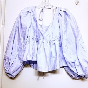 LPA Blue Open Back Puff Sleeve Top | Tie Back Blouse | Size S